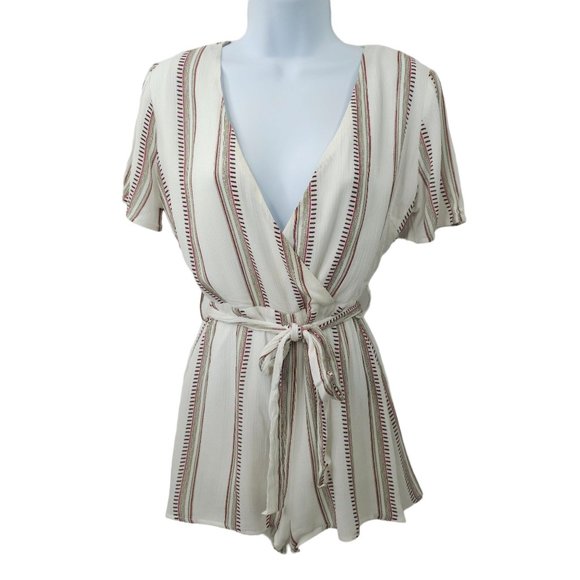 Sadie And Sage Striped Romper Size S Tie Belt Back Zip Lined Deep V Neck - Picture 1 of 16